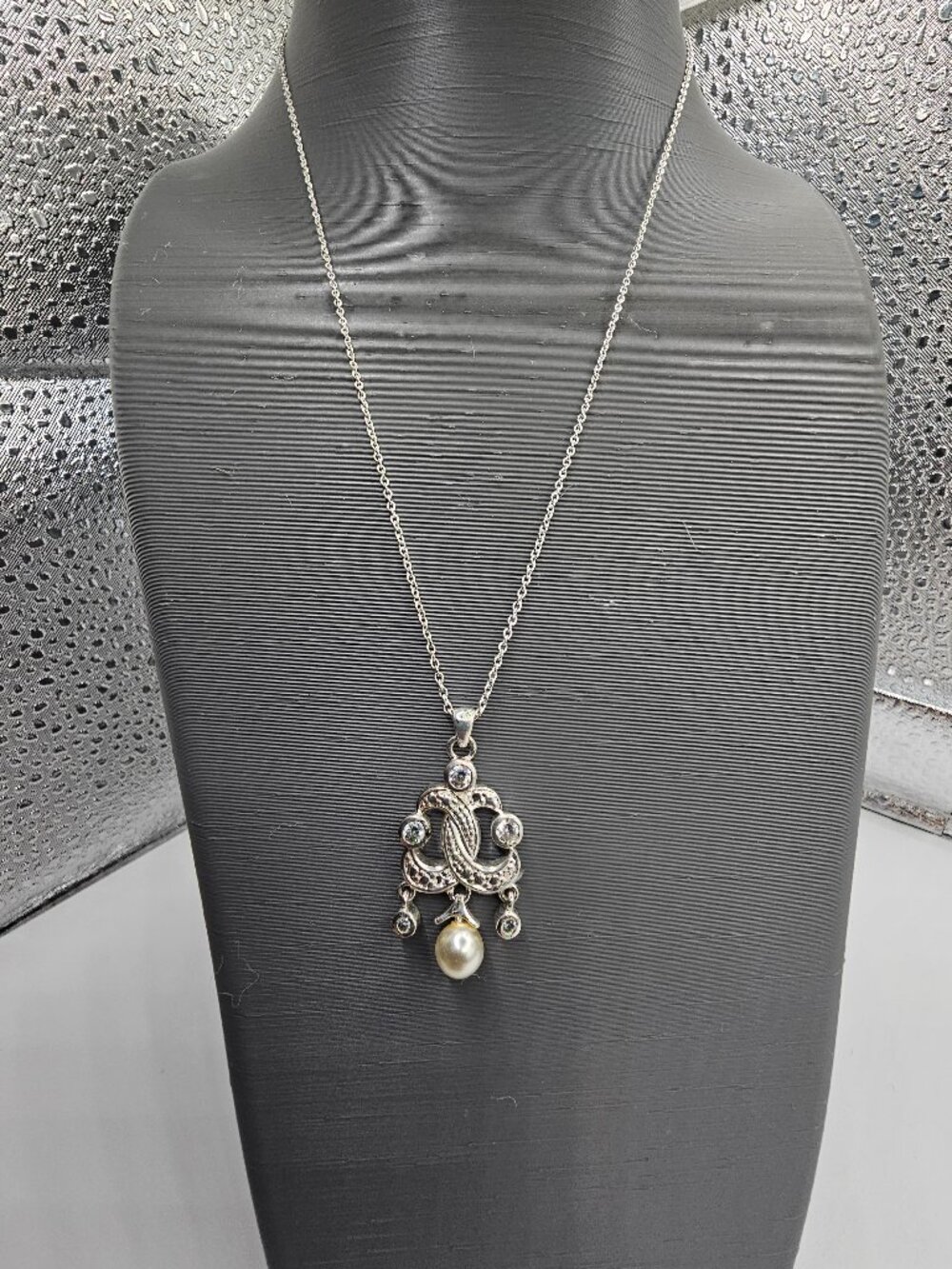 16" STERLING 925 ITALIAN CHAIN; CZ PEARL SU 925C PLATED CHANDELIER PENDANT